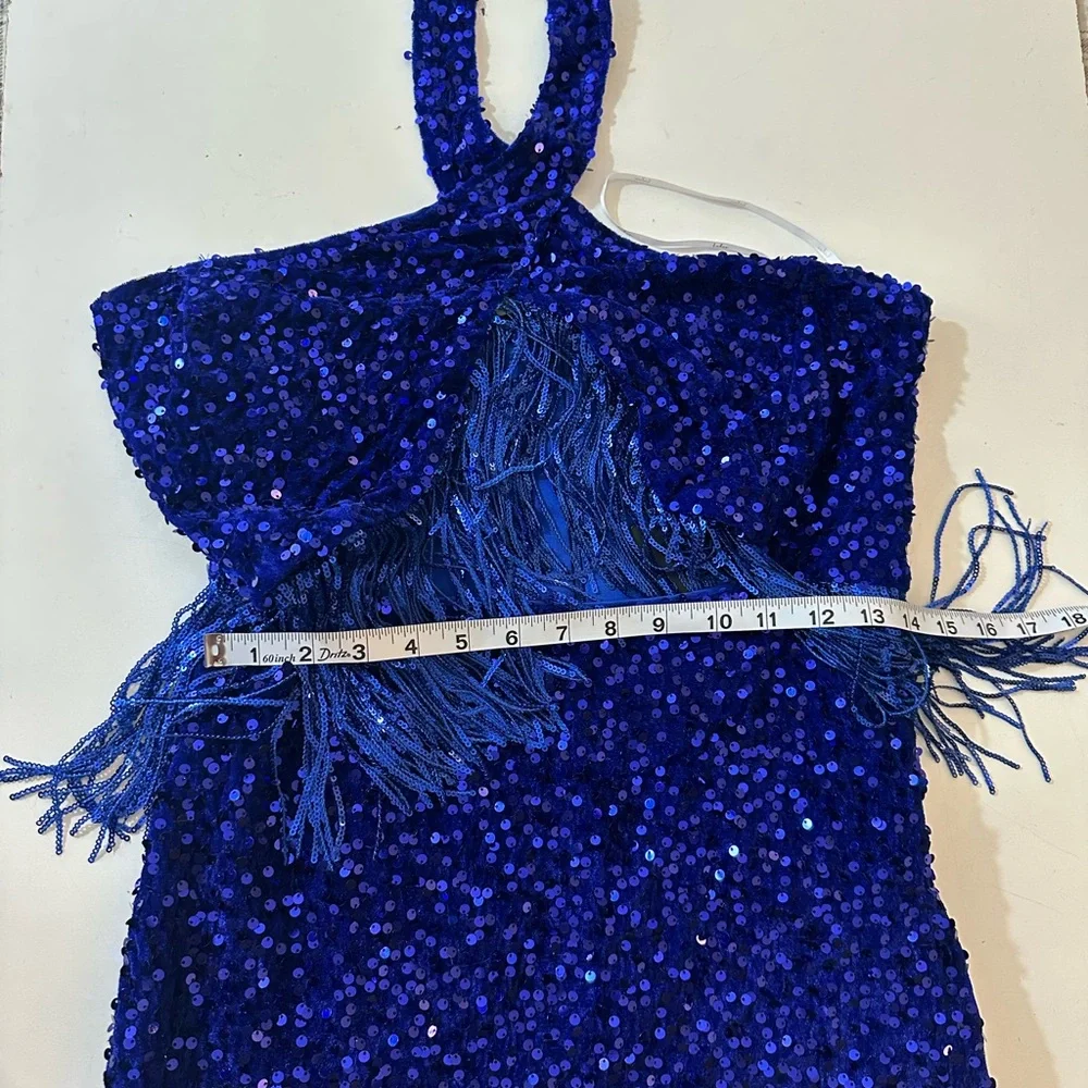 Lulus Royal Blue Elevated Dazzle Velvet Sequin Fringe Halter Mini Dress NWT L - Picture 15 of 16